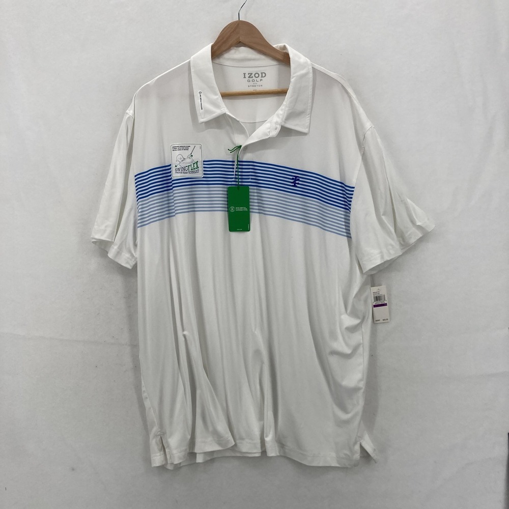 Izod Golf Polo Shirt Mens 2XL White Blue Stripe SwingFlex Stretch UPF 50 Cool FX